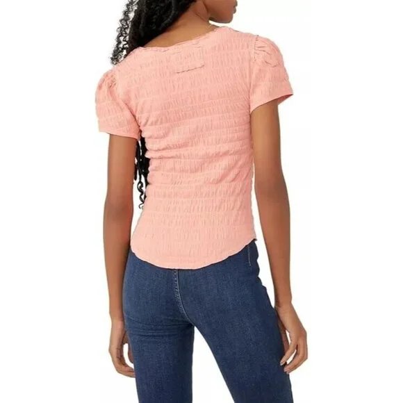 Free People Sugar Cube Women's Size Small Burnt Coral Pink V-Neck Ruched Top NWT - Picture 2 of 13